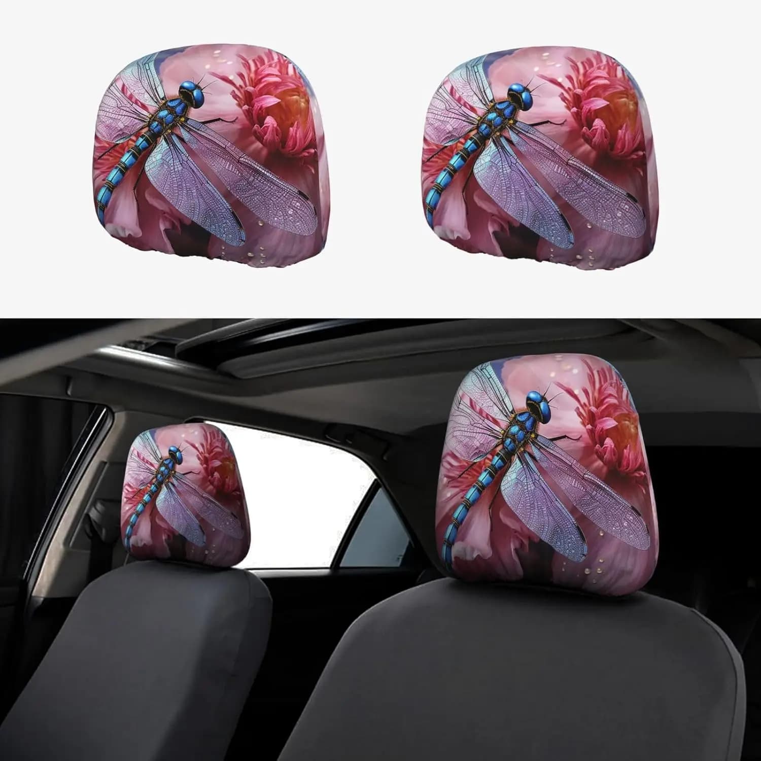 Copri Poggiatesta Auto 2 Pieces, Copri Poggiatesta con Motivo Floreale Blu e Libellula, Customi per Sedili Auto