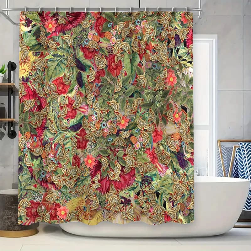 Lussuosa tenda da doccia floreale con farfalle, decorazione da bagno per la cucina di casa, tessuto impermeabile in rosso, verde, rosa giallo C