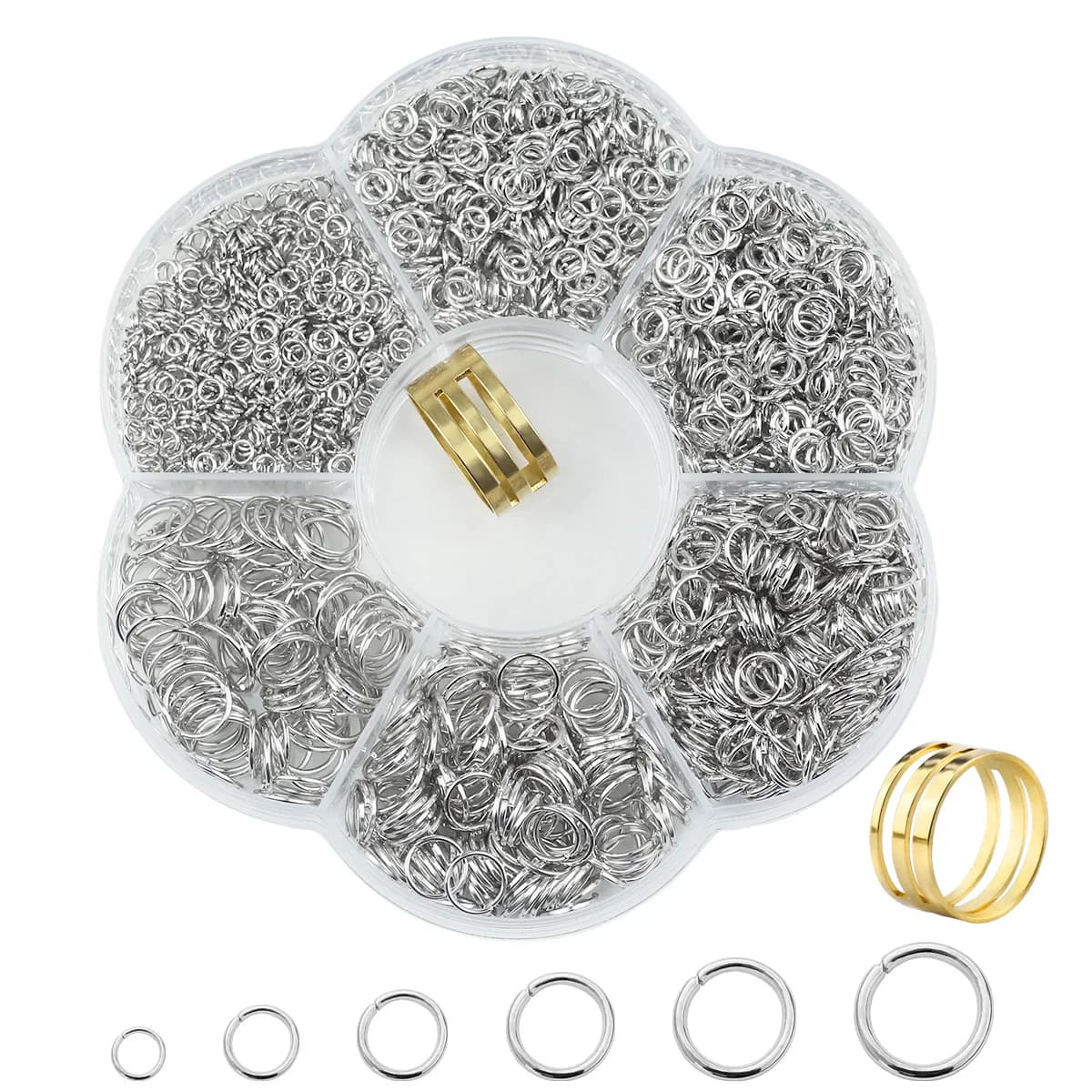 Kit Scatola Fiori 100g, Anelli Aperti in Acciaio Inossidabile Misure Miste 3-8mm, Argento e Oro KC, Componenti per Gioielli Fai da Te Bracciali e Collane
