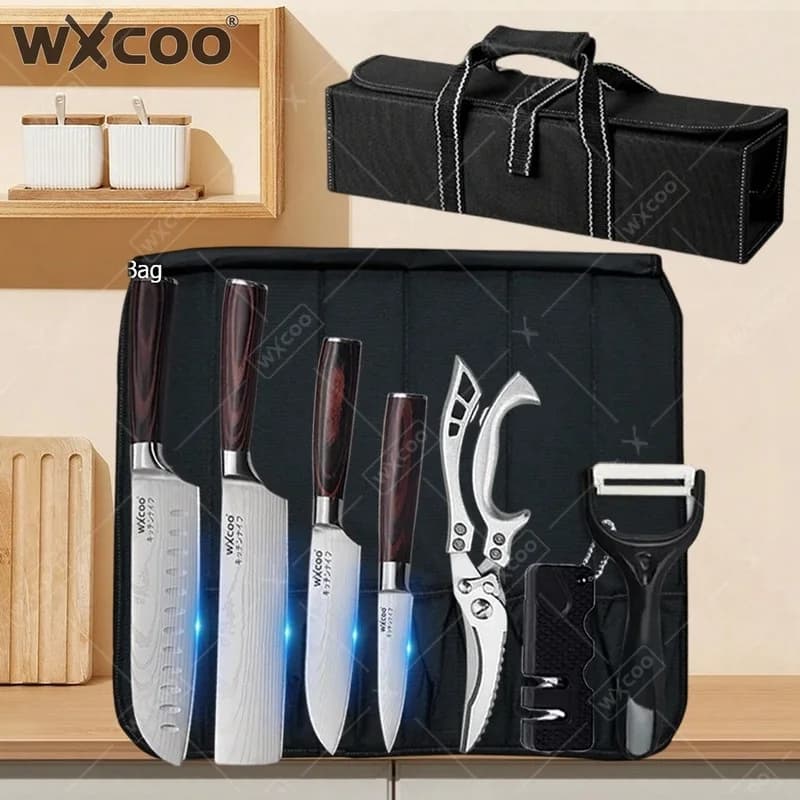 WXCOO Coltello da Chef in Acciaio Inossidabile, Coltelli da Cucina Damasco, Santoku Giapponese, Mannaia, Coltello Laser, Borsa Porta Coltelli, Coltello da Disosso