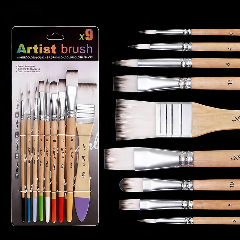 Artist Nylon Brush Set 9pcs Nylon Hair Brushes for Canvas Watercolor Acrylic Oil Painting, Paint Board and Wall Painting Tools