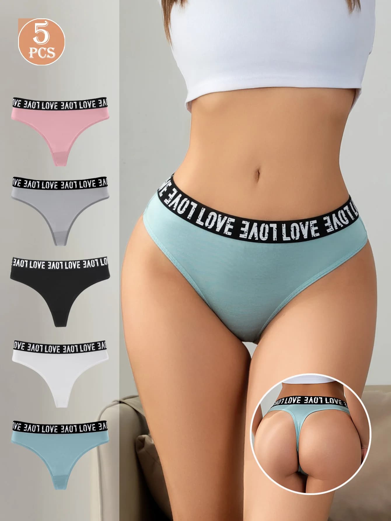 Perizoma elastico sportivo a vita alta da donna da 5 pezzi, set combinato di biancheria intima con fondo a lettera di biancheria intima sexy e confortevole