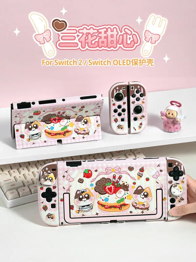 Guscio Protettivo Carino per Switch2, Personalizzazione Graffiti Gatto Dessert Cartone Animato, Guscio Rigido Protettivo NS2, Copri Pulsanti, Accessori Anime per Giochi