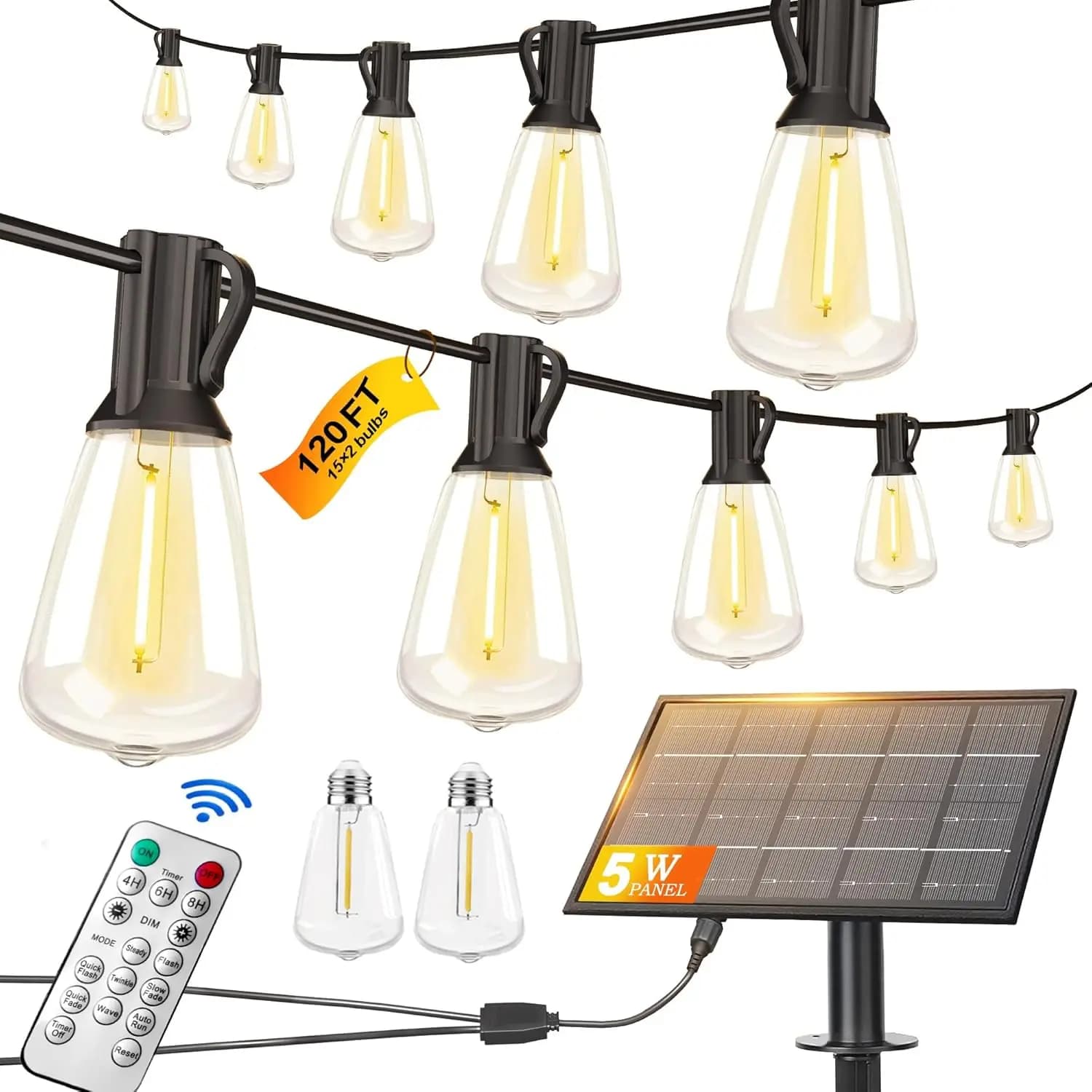 Luci a corda solari da 120 piedi impermeabili per esterni con telecomando, 30 + 2 lampadine a LED infrangibili per giardino, patio, cortile