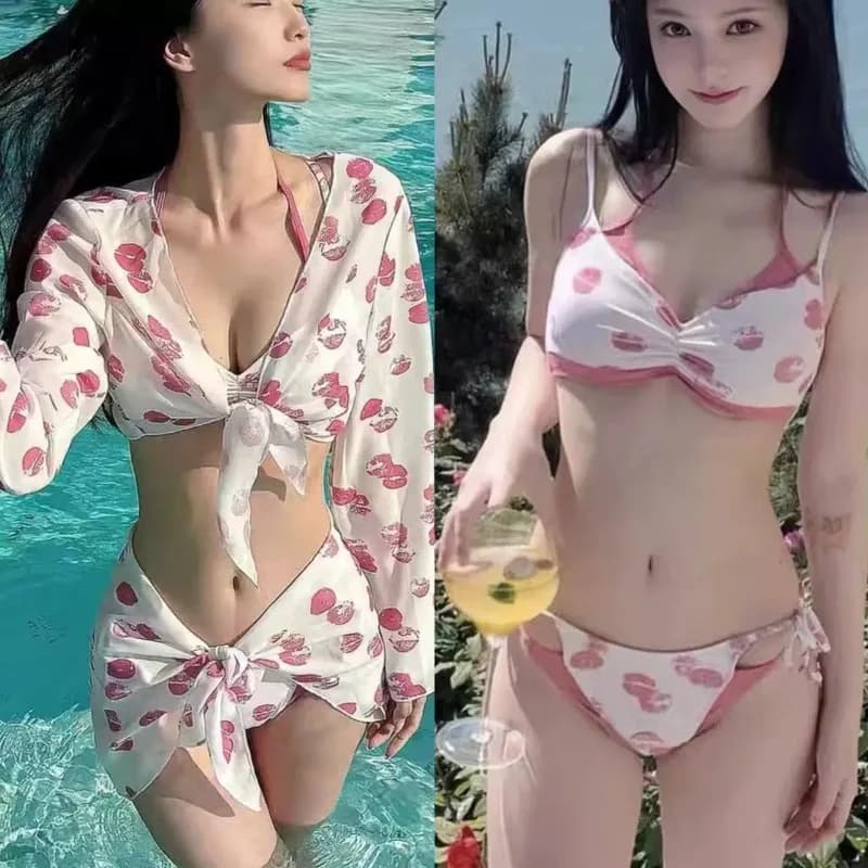 Set bikini con stampa labbra Ins 4 pezzi Beach-Chic Protezione solare Wrap Costume da bagno resort sexy per set di costumi da bagno per le vacanze delle giovani donne ​ ​