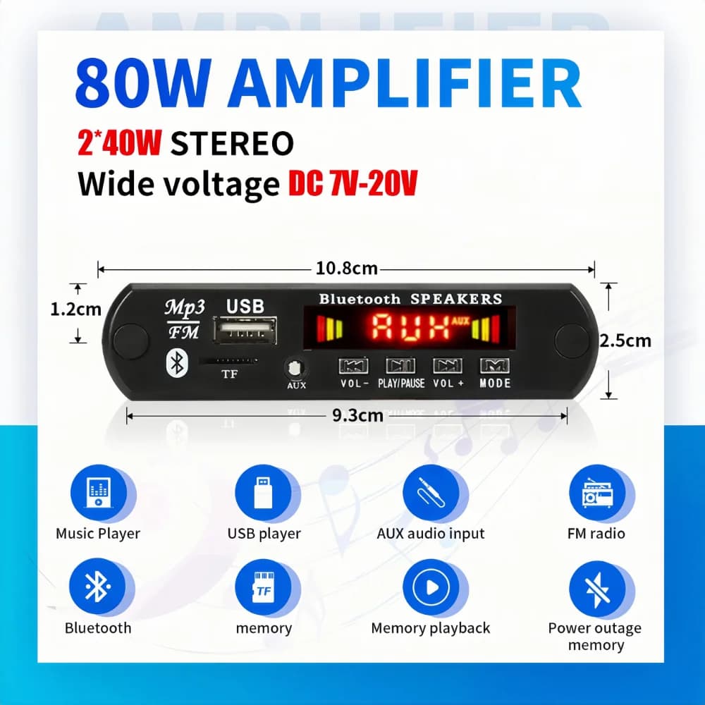 2*40W 80W Amplificatore Lettore MP3 Scheda di Decodifica 12V 18V Senza Fili Bluetooth 5.0 Auto Audio USB TF FM Radio Registrazione Chiamata Per Altoparlante