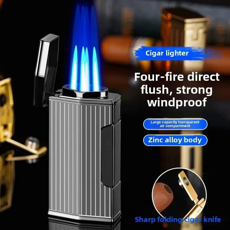 Four Flame Outdoor Windproof Metal Gas Lighter High Temperature and Fierce Multi functional Cigar Lighter Cigarette Accessories