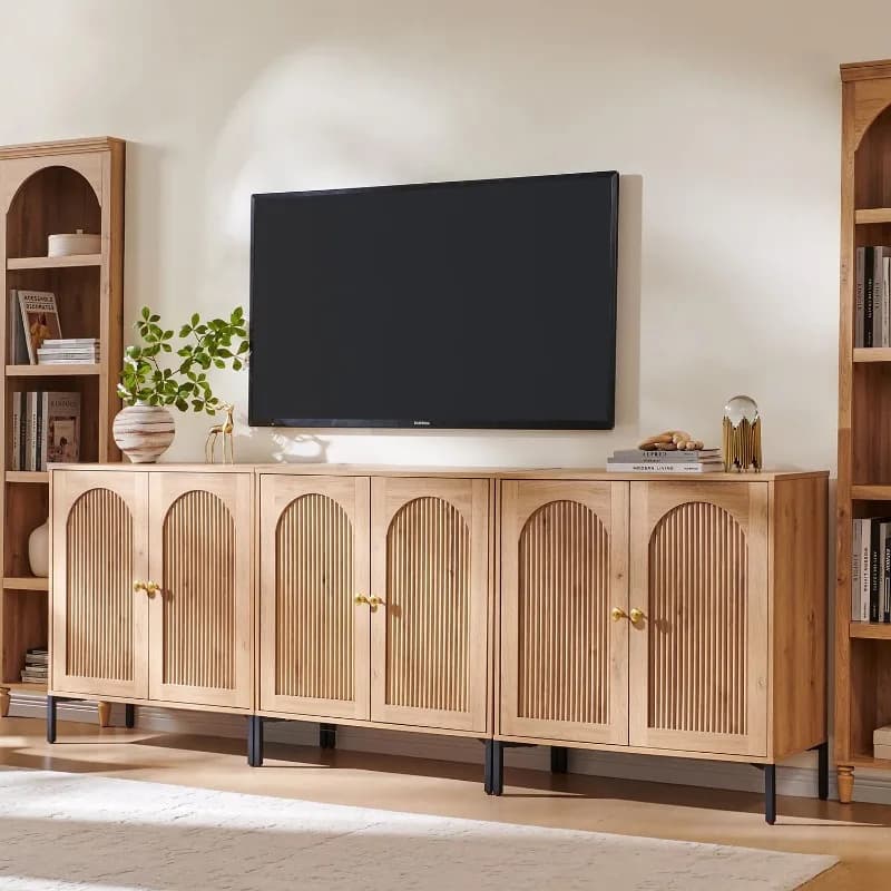 IFGET Mobili TV moderni per televisori da 80 pollici, Centro intrattenimento in legno da 92,63 pollici di larghezza con ripiani regolabili, Stile Mid-Century Modern
