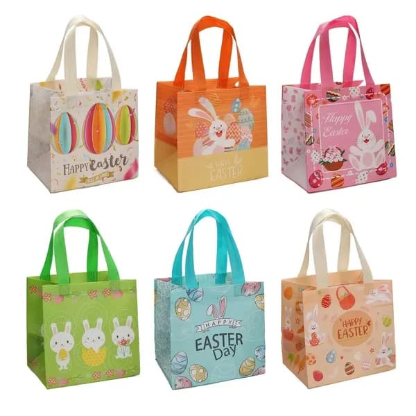 6 Borse Regalo per Pasqua; Borse Pasquali con Manici Riutilizzabili in Tessuto Non Tessuto per la Spesa con Motivi di Coniglietti e Uova di Pasqua
