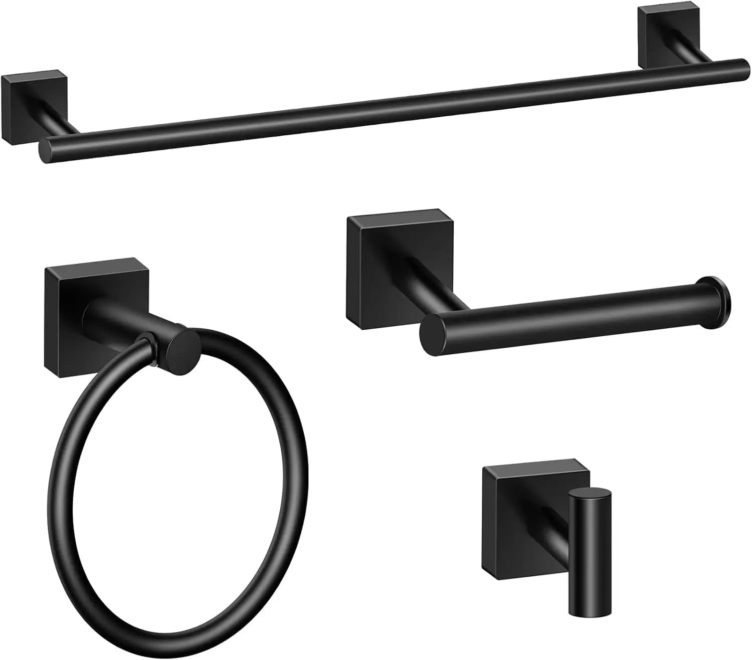 Set di Accessori per Bagno in Acciaio Inossidabile Nero Opaco: 4 Pezzi - Portasciugamani, Anello Portasciugamani, Ganci, Porta Carta Igienica