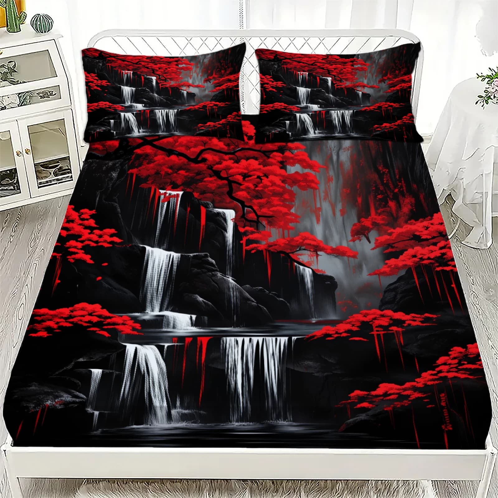 Set di 3 lenzuola con stampa 3D di cascata di acero rosso, paesaggio naturale, con federe per decorare la camera da letto