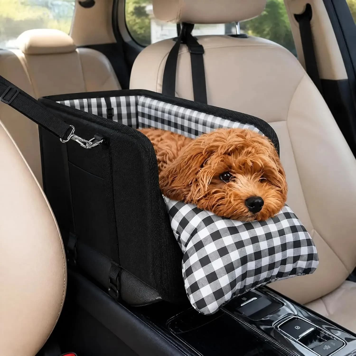 Portable Console Dog Car Seats,Center Seat Booster with Safety Leash,Pet Seat with Soft Cushion,Multifunctional Pet Bag.