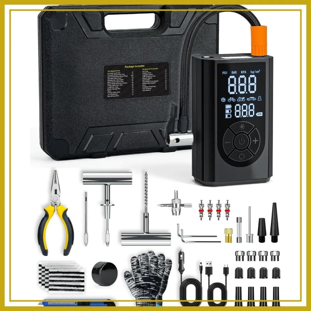 Kit Riparazione Pneumatici 58 Pezzi con Compressore d'Aria Portatile, Gonfiatore Pneumatici Senza Fili 150 PSI per Auto Moto Trattore Camion Palloni