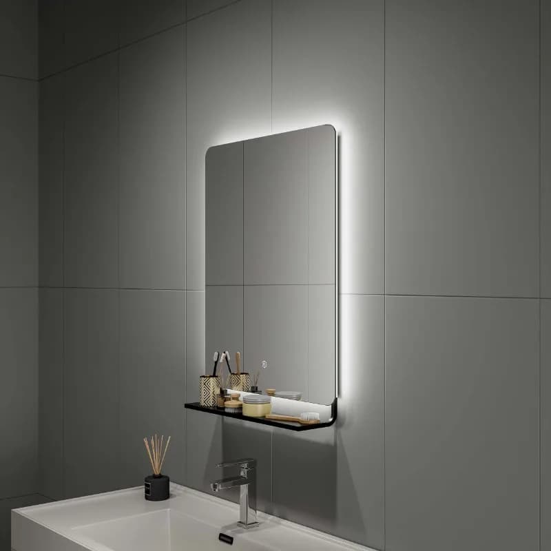 Schermo moderno per hotel antiappannamento Plaza, retroilluminazione, diodo luminescente senza cornice, mensola per bagno, specchio con ripiano