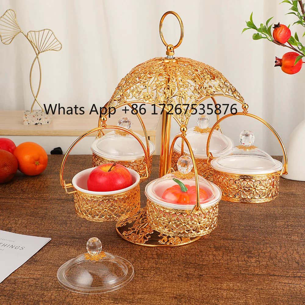 Elegante piatto da frutta in metallo per la casa, piatto da frutta per il soggiorno, portatile, con coperchio, per caramelle e frutta secca.
