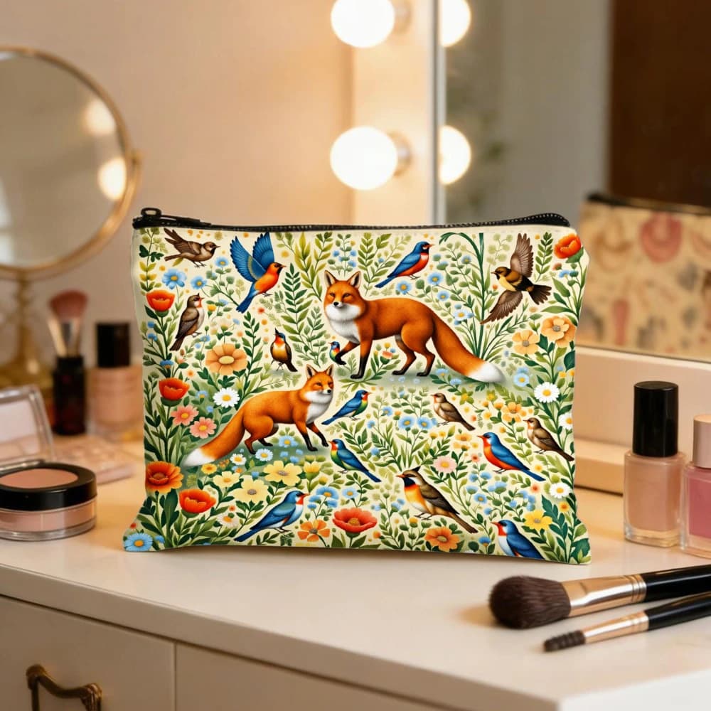 Borse per il trucco con volpi, uccelli, fiori, foglie e cielo per ragazze, pochette per cosmetici, borsa da toilette, astuccio per matite, custodia da viaggio