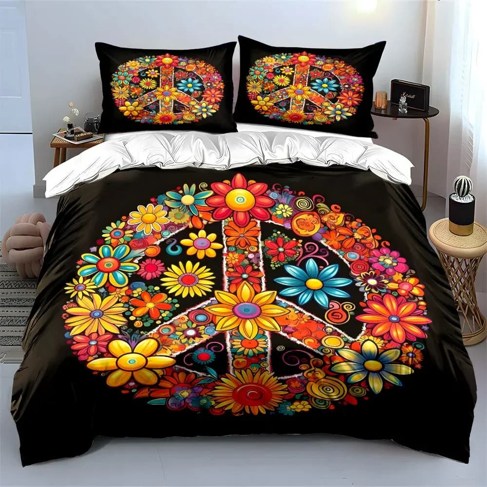 Set di biancheria da letto con decorazioni a forma di fiore e simbolo della pace, con 1 copripiumino, 2 federe, singolo, matrimoniale, king, queen, regalo