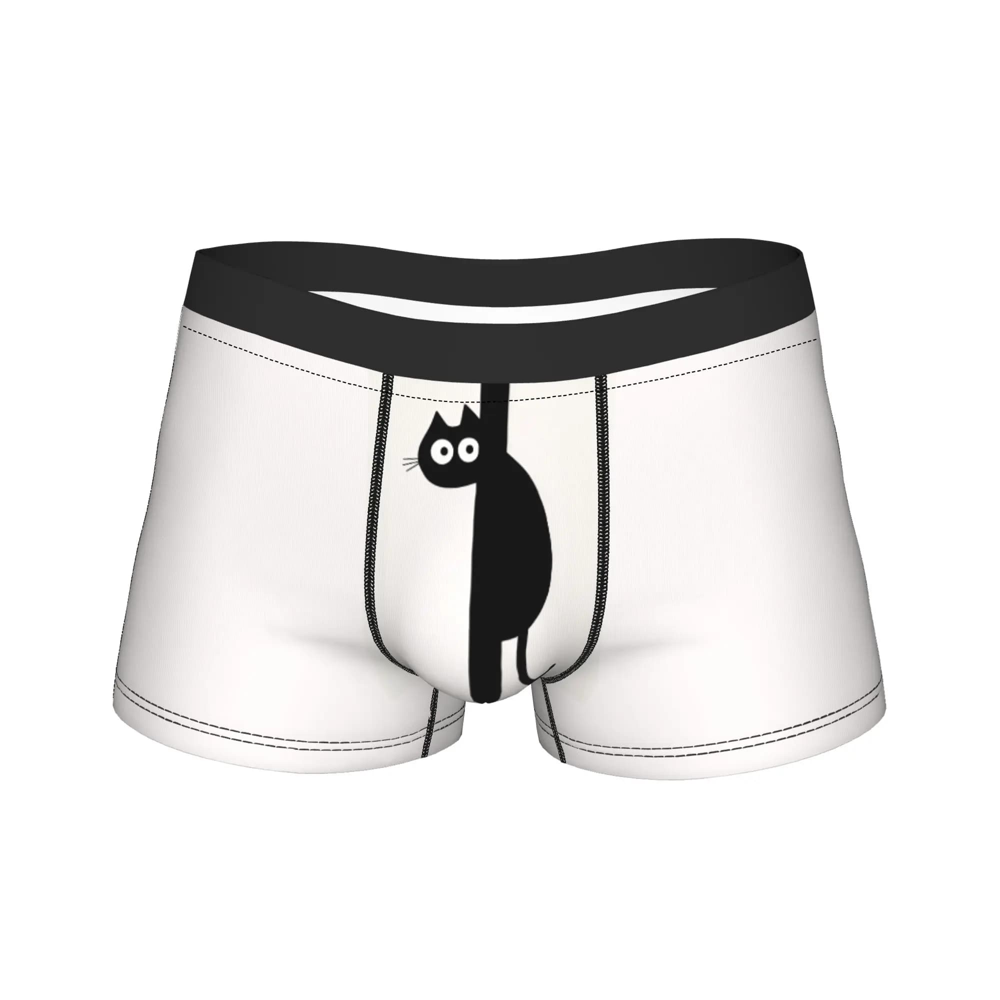 Simple Black Cat Peeking Behind Vertical Black Line Minimal Art Underwear Breathable Panties Custom DIY Boxer Brief