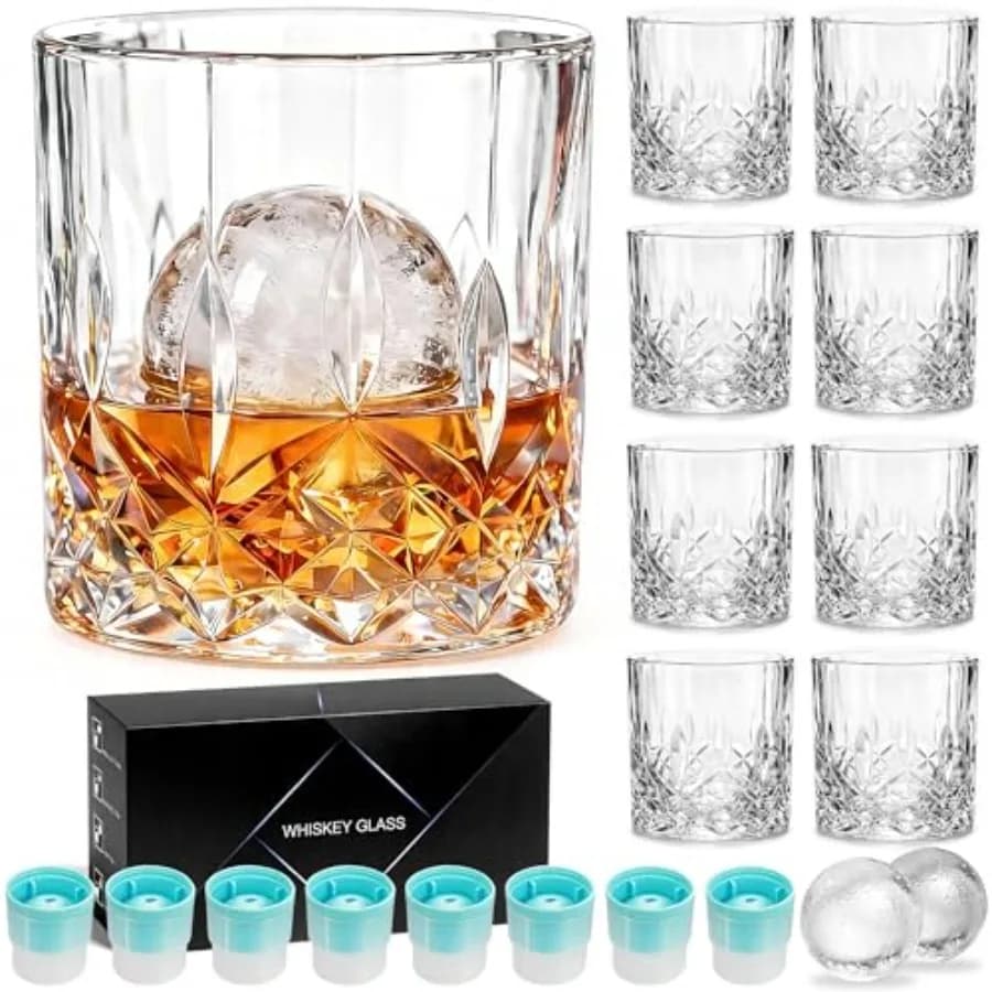 Set di 16 Bicchieri da Whisky, 8 Bicchieri Rocks, 8 Stampi per Sfere di Ghiaccio, Bicchieri Old Fashioned da 330 ml per Bourbon, Vodka, Scotch, Cristallo