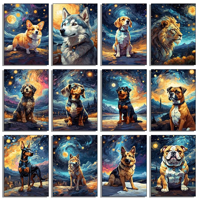 Funny Dogs Starry Night Van Gogh Canvas Painting stampa astratta cane pastore tedesco Bulldog poster Wall Art Picture Home Decor