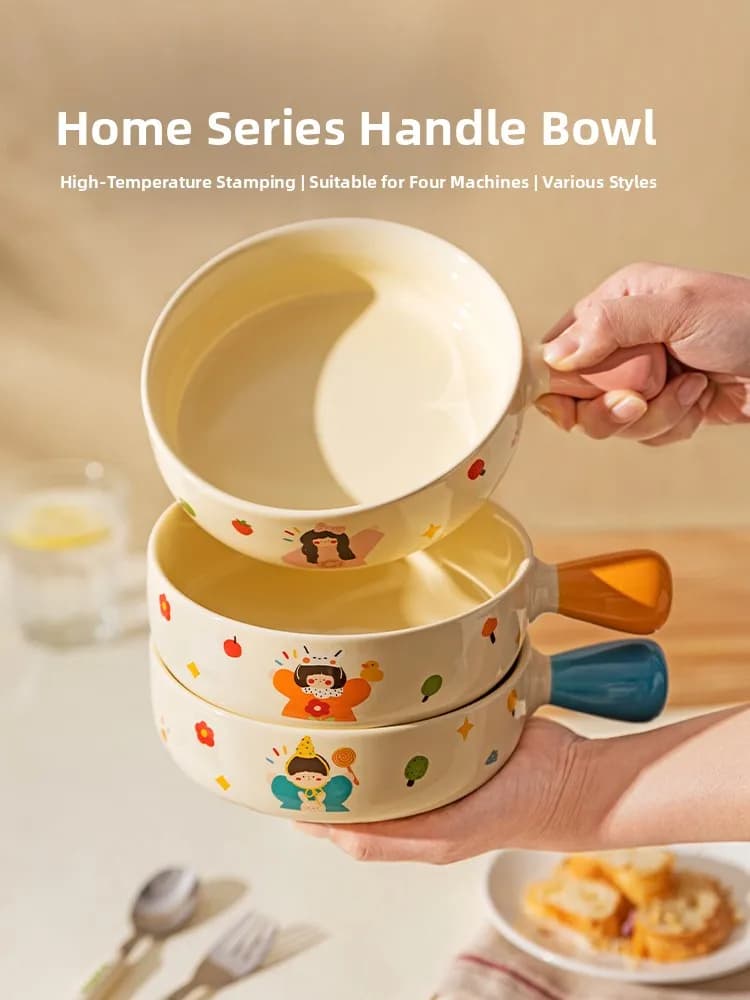 Ciotola in Ceramica per Zuppa e Ramen con Design Cartoonesco, Resistente alle Alte Temperature, per Famiglie Moderne di Tre Persone