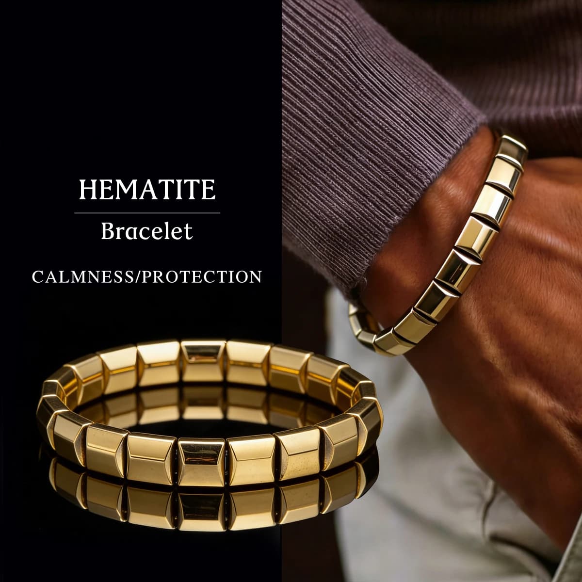 Bracciale in Ematite Dorata per Uomo, Amuleto per Successo e Abbondanza, Aumenta la Fiducia, Ricchezza ed Energia, Bracciale Elastico Premium, Regalo