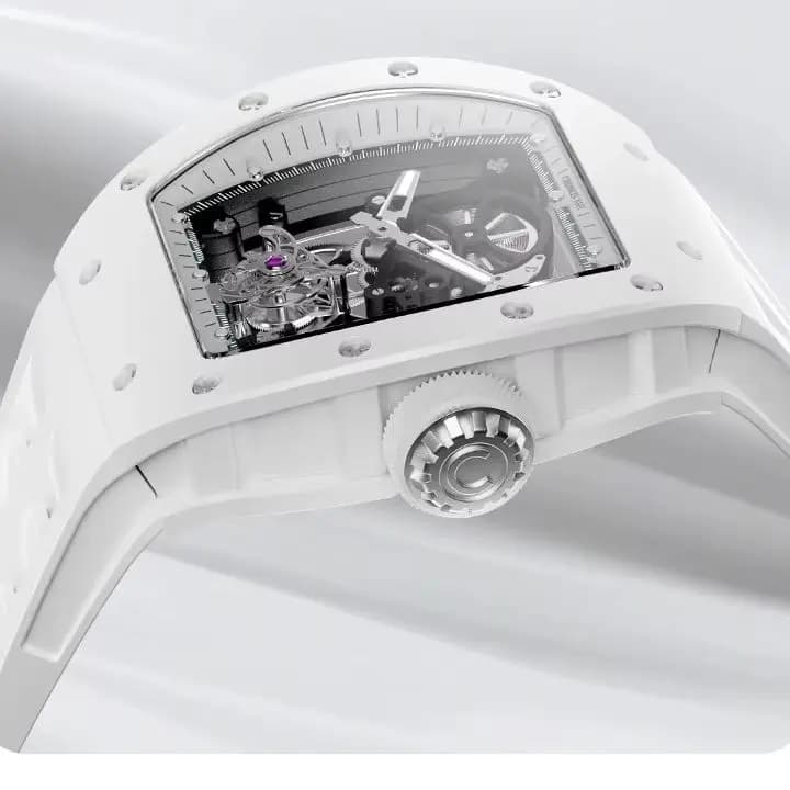 CRONUSART Men Tourbillon Watch Tonneau Mechanical Wristwatch Ceramic Case Luminous Sapphire Fluororubber Strap Skeleton Dial