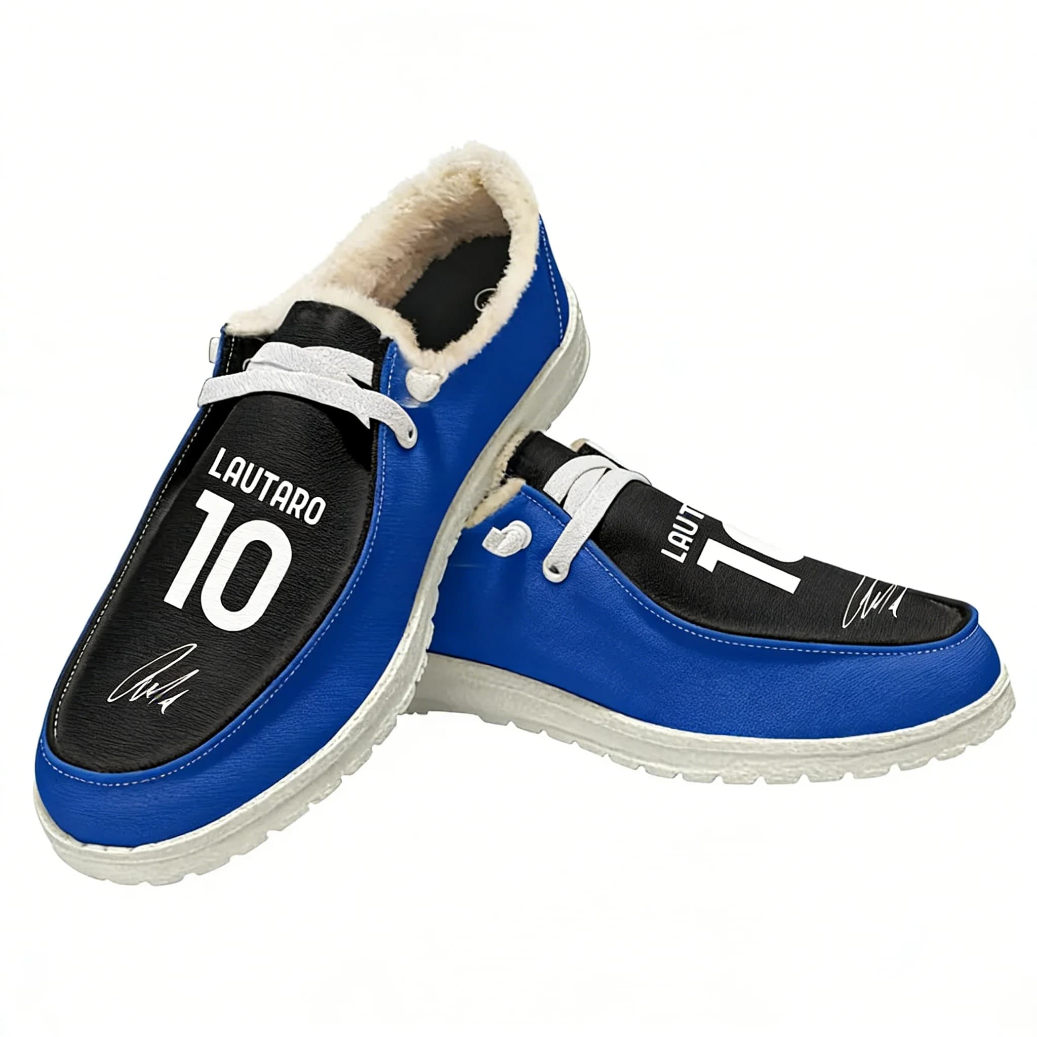Mocassini in Peluche Lautaro N.10 per Uomo, Donna e Ragazzi, Scarpe Casual Piatte, Calzature Calde Ispirate alla Star del Calcio Argentino, Personalizzabili, Bianche