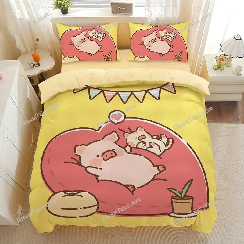 Copripiumino con simpatico maialino, set di biancheria da letto a tema animali dei cartoni animati per bambini e adulti, copriletto ultra morbido, decorazione per la camera da letto