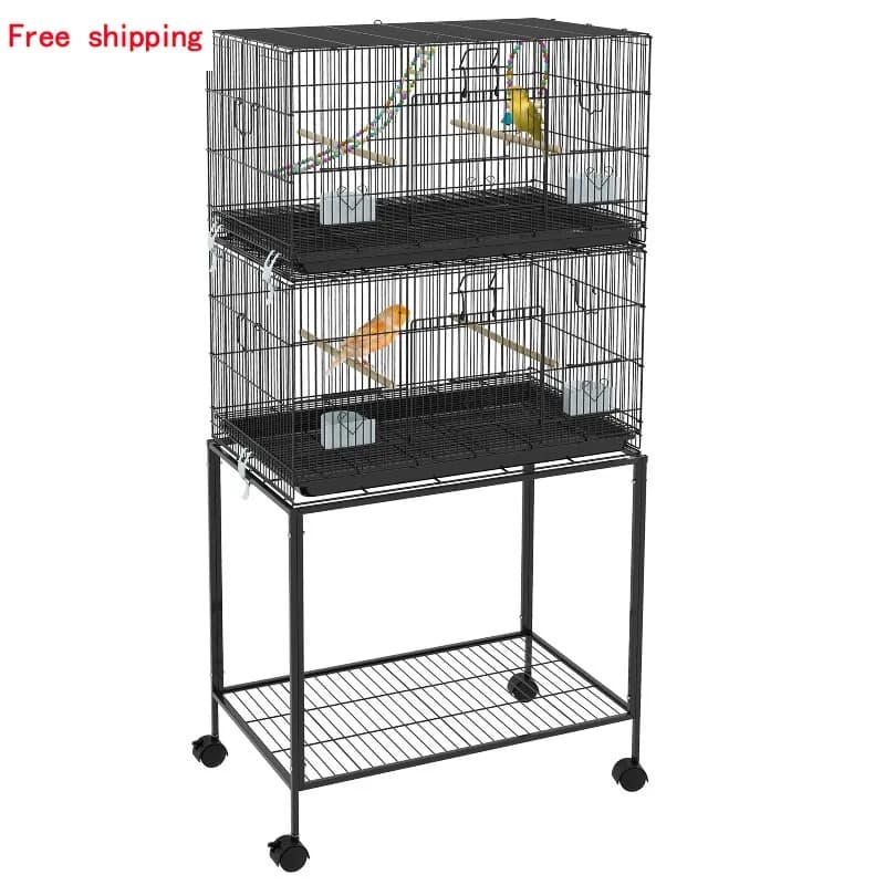 Stackable Bird Cage 30.25x17.75x64.5 Inch Rolling Double Tier Aviary with Swing Rope Ladder 4 Perches 4 Bowls Wheels Black