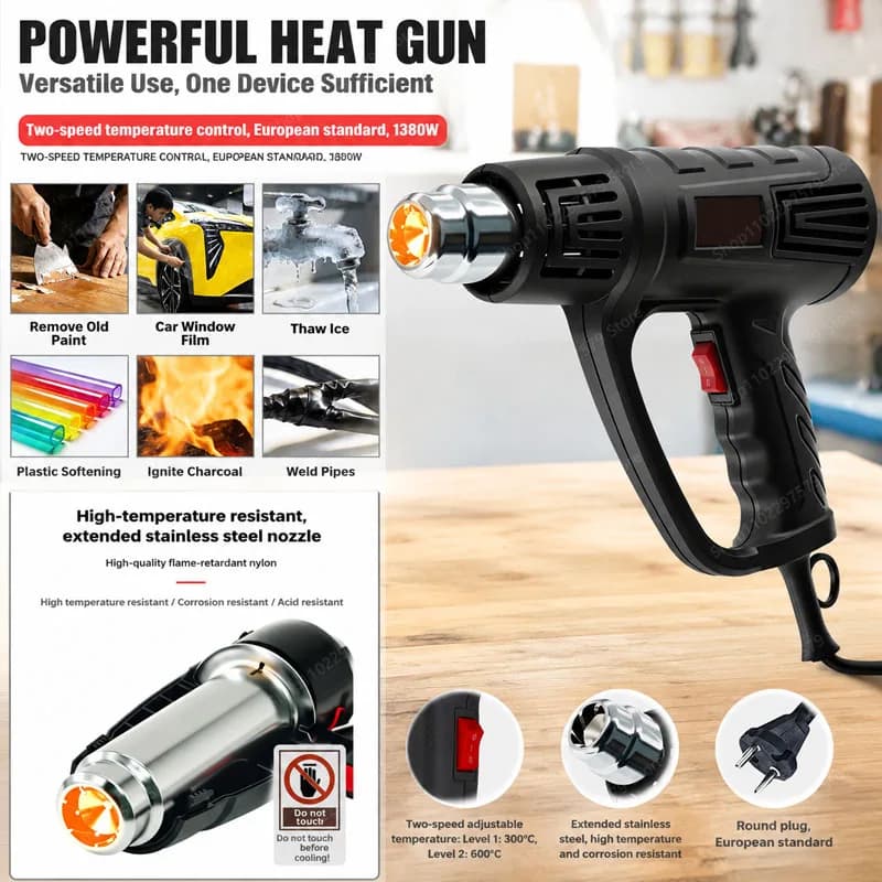 1380W Heat Gun Adjustable Temperature For Professional HomeDIY Paint Removal Plastic Seals Crafting Stripping Shrinking Projects
