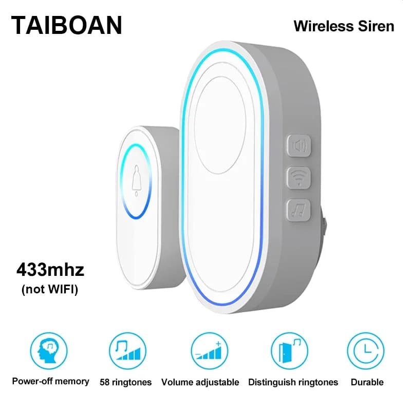TAIBOAN 433 MHz Wireless doorbell Home Music Alarm bell Adjustable volume Compatible with alarm system WiFi GSM EU/US Plug
