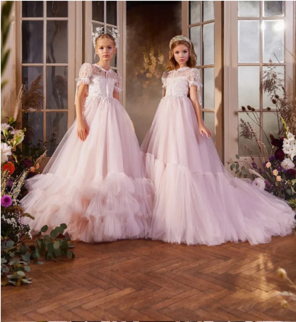Abiti da Damigella Rosa per Matrimonio, Lunghi con Applicazioni e Paillettes, Vestito da Festa di Compleanno e Cerimonia, Abito da Sera Formale Senza Maniche per Bambina