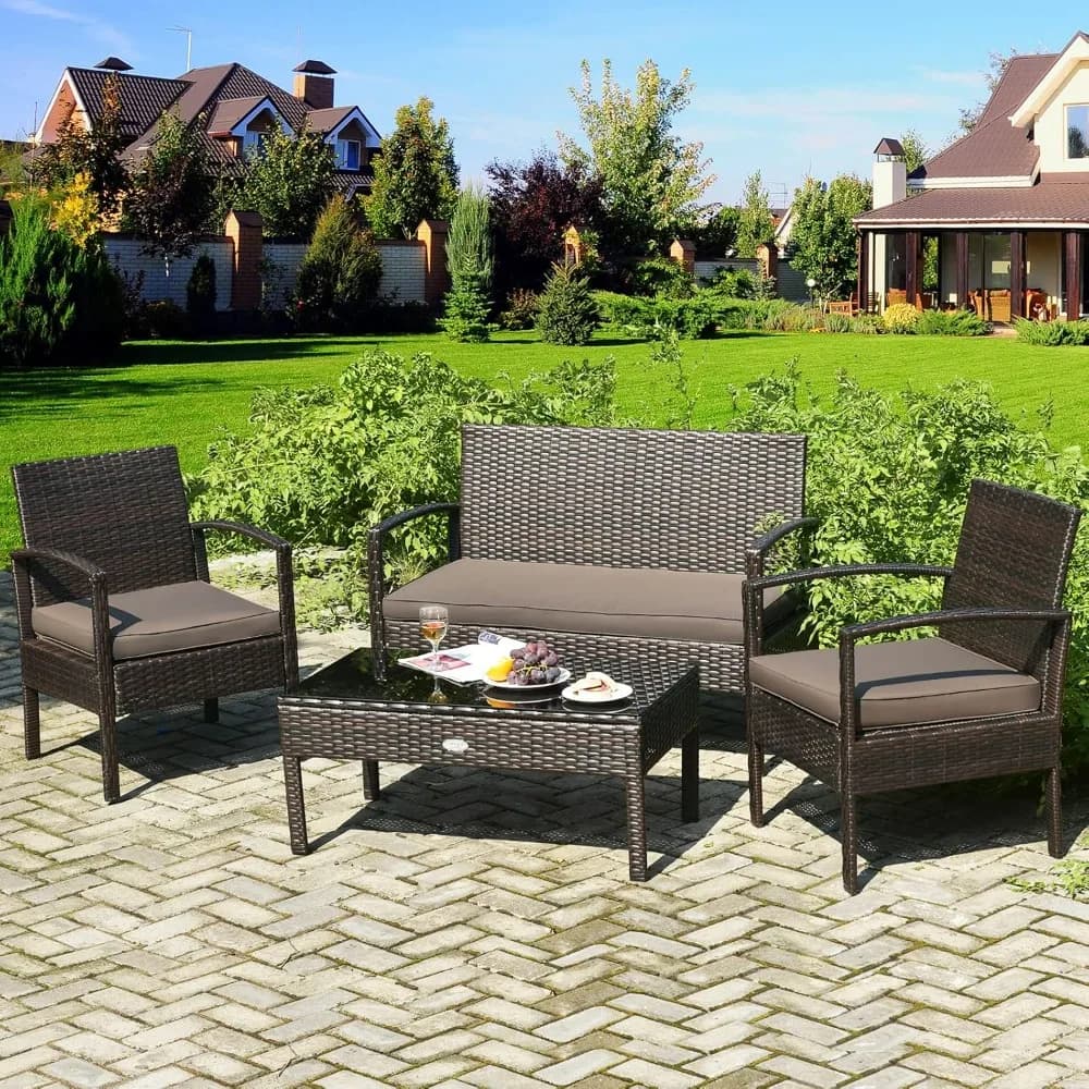 Set of 4 Pieces Exterior Furniture, Wicker Conversation Set with Tempered Glass Table, Seat cushions, Rattan Sofa
