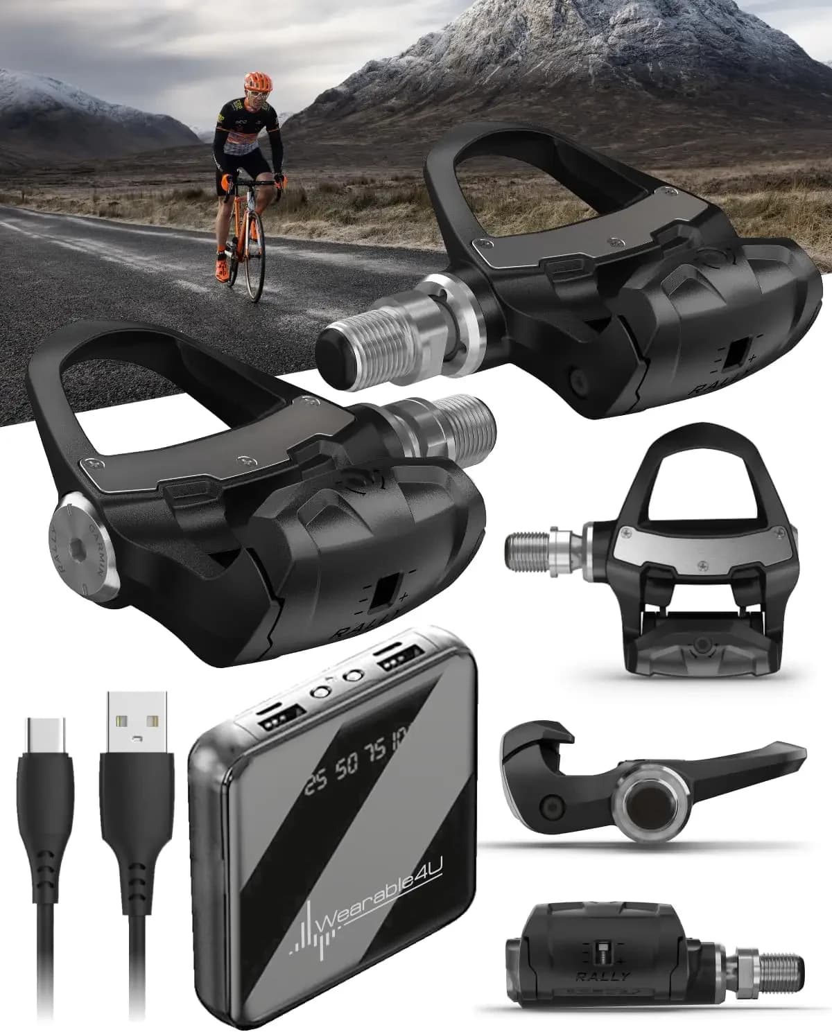 Power Meter Pedals with Wearable4U PowerBank Bundle Advanced Cycling Dynamics Left Right Balance Look KEO Cleat Compatible