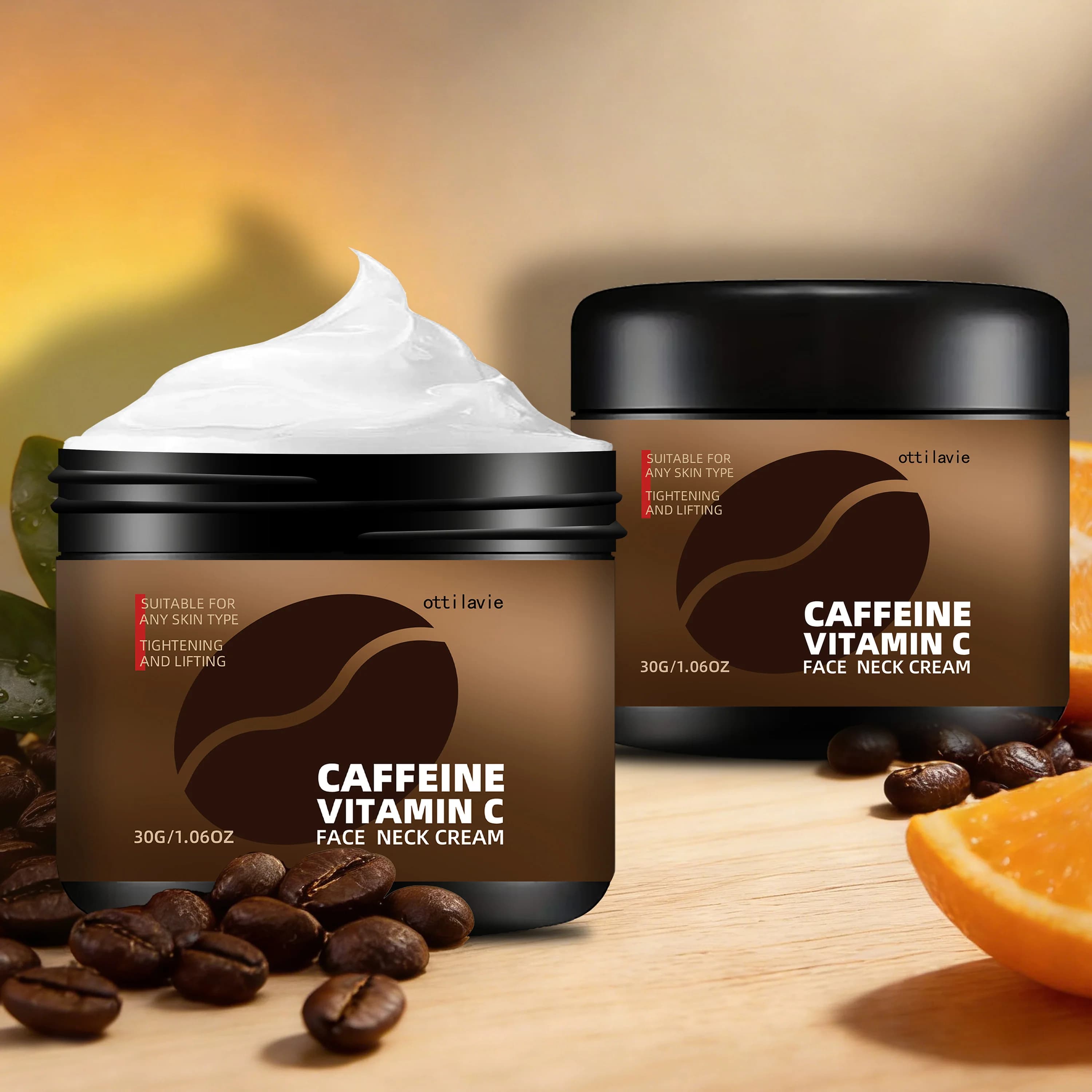 2 pieces of face cream and neck Optilavie to caffeine and vitamin C, lifting effect, moisturizing and skin tone uniforming, ideal for all skin types.