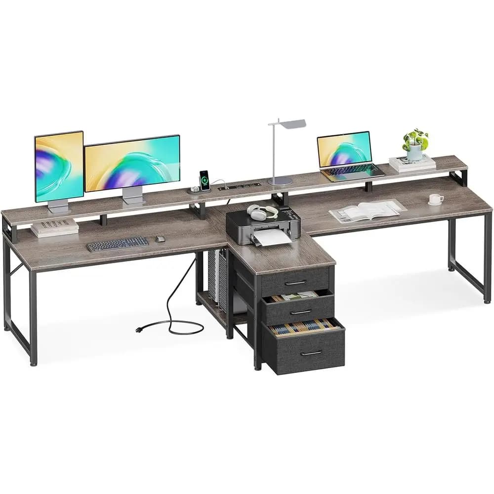 Desktop for Computer Double with Current and USB Doors, Extended Home Office Desk with Fabric Drawers, Document Holder and Monitor Support