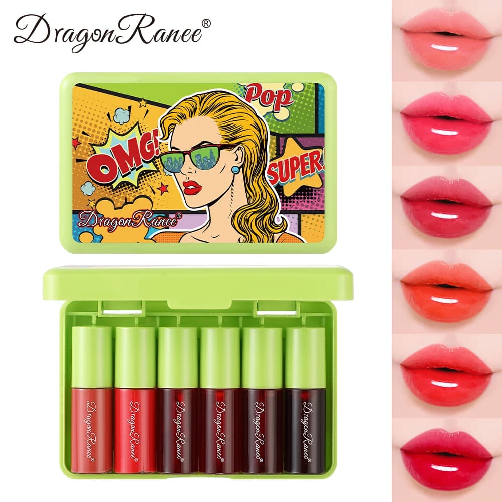 Set of 6 water lipsticks, easy to color, anti-stick cup, moisturizing lip gloss, red, brown, pink, basic lip gloss, Christmas trick show, gift lip gloss set