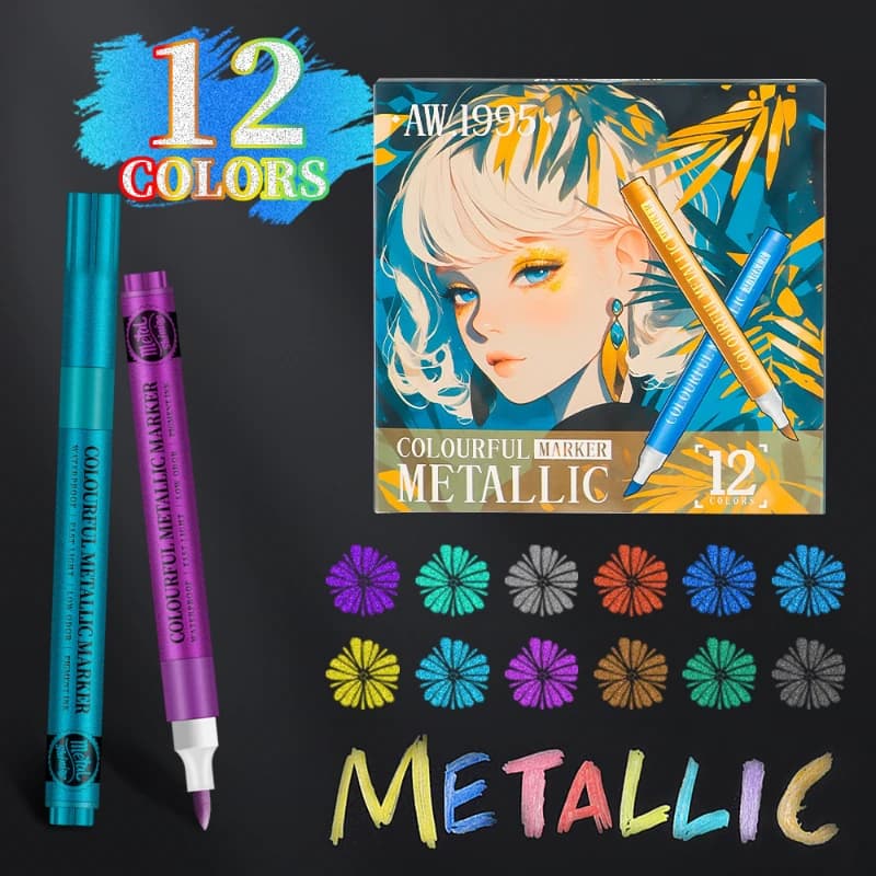 12 Color Metal Soft Head Acrylic Marker Pen Super Gold Glitter DIY Hand Account Card Art Word Signature Paint Marker Set