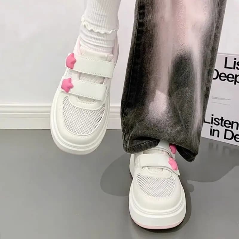 Women's White Sneakers Summer New Mesh Breathable Thin Velcro Strap Platform Casual Shoes Thick Sole Board Shoes