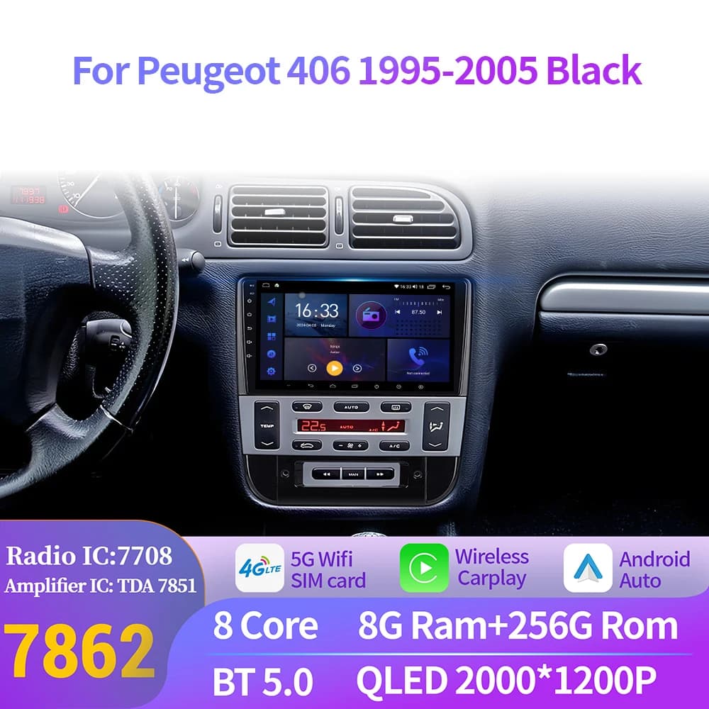 For Peugeot 406 1995-2005 Black Auto Wireless Carplay Radio Stereo Multimedia Player Car 4G Android 14 Touch 2K QLED Screen