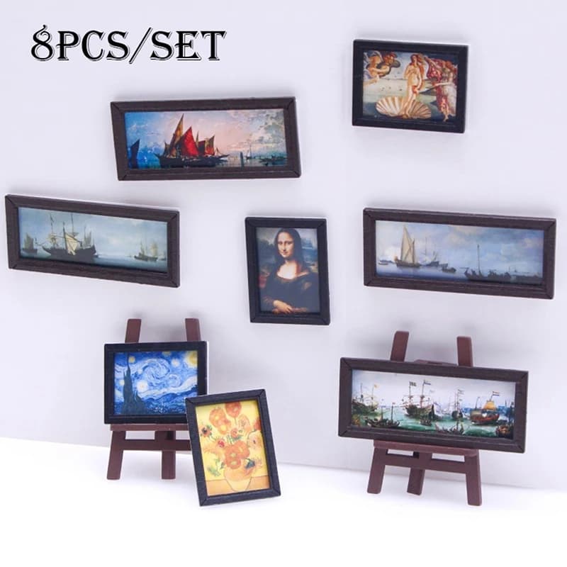 8 pz/set 1:12 casa delle bambole in miniatura pittura a olio vintage foto murali immagine della parete decorazione della scena accessori della casa delle bambole