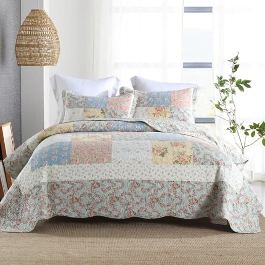 Set Copriletto in Cotone 3 Pezzi Reversibile, Trapunta Verde con Motivi Floreali a Rosa, Copriletto Patchwork
