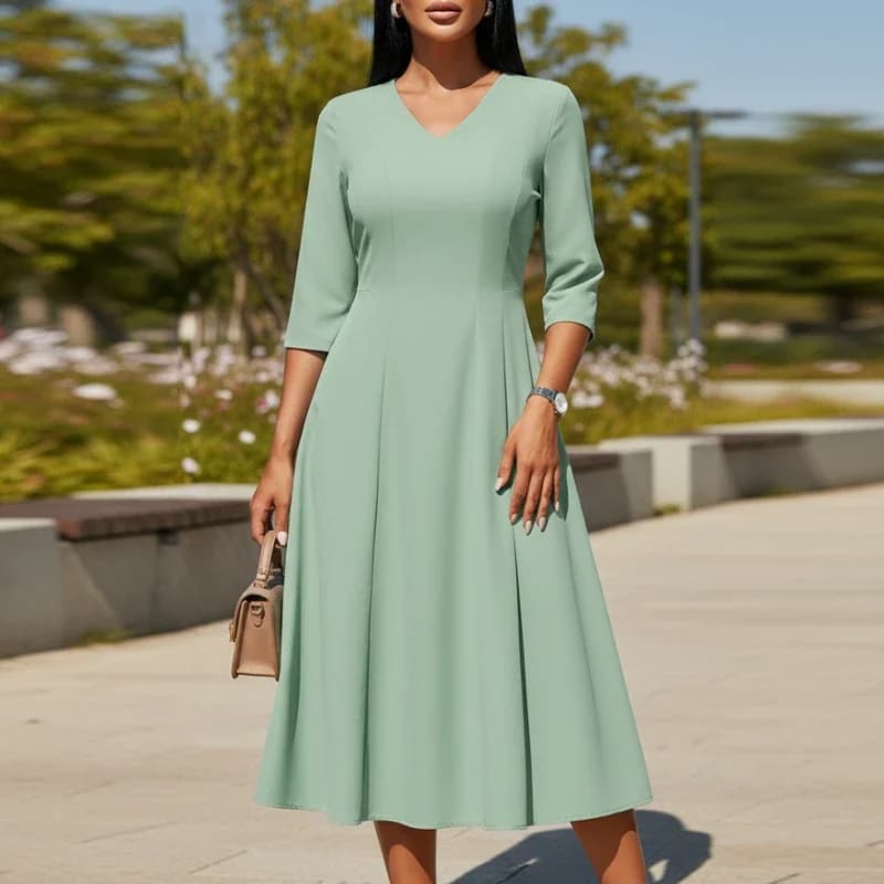 ZANZEA Elegante Abito Midi a Linea A per Donna, Maniche 3/4, Scollo a V, Tinta Unita, Cerniera Posteriore, Abbigliamento Estivo Femminile