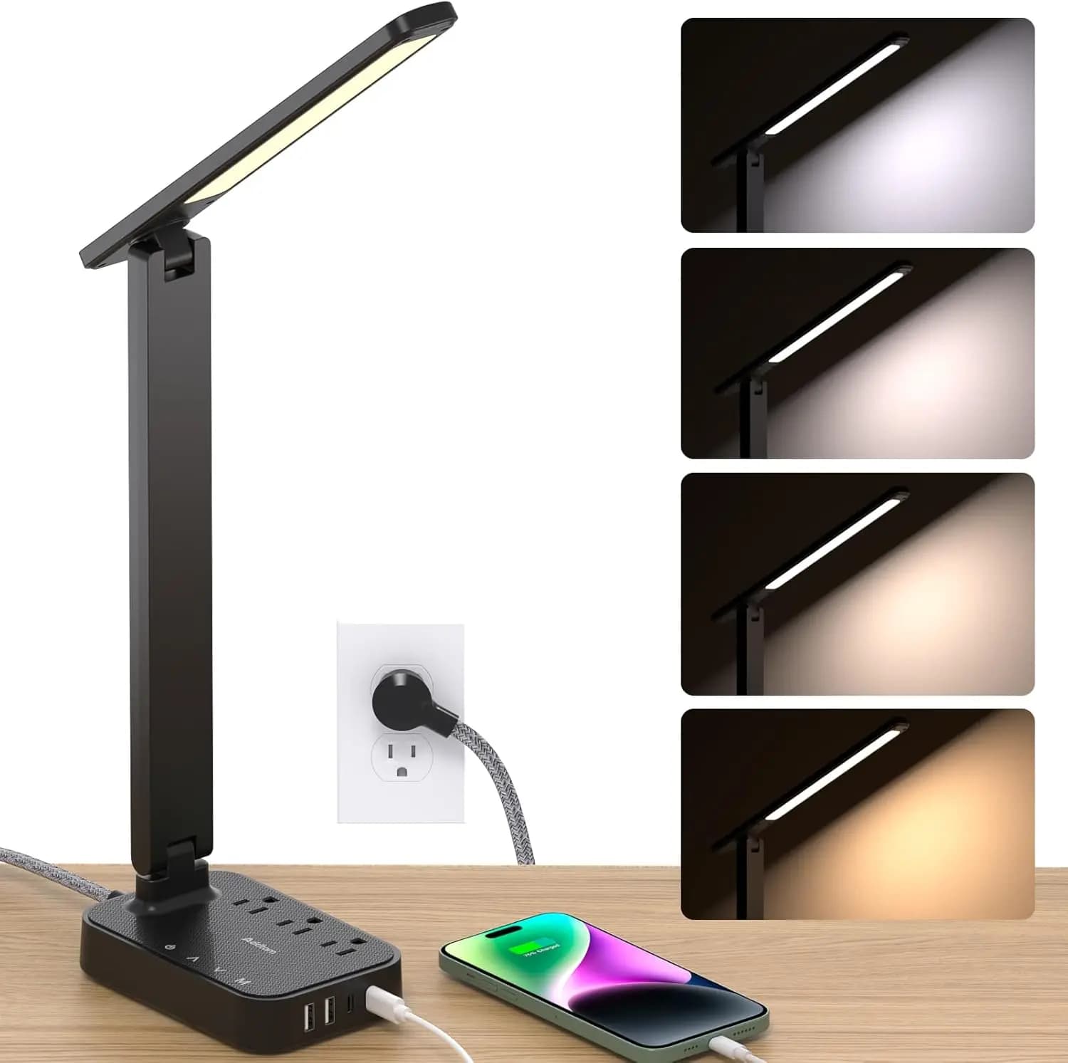 Lampada da Scrivania LED con Multipresa, 3 Prese 4 Porte USB, Controllo Touch, 4 Modalità 5 Livelli di Luminosità, per Casa Ufficio Dormitorio
