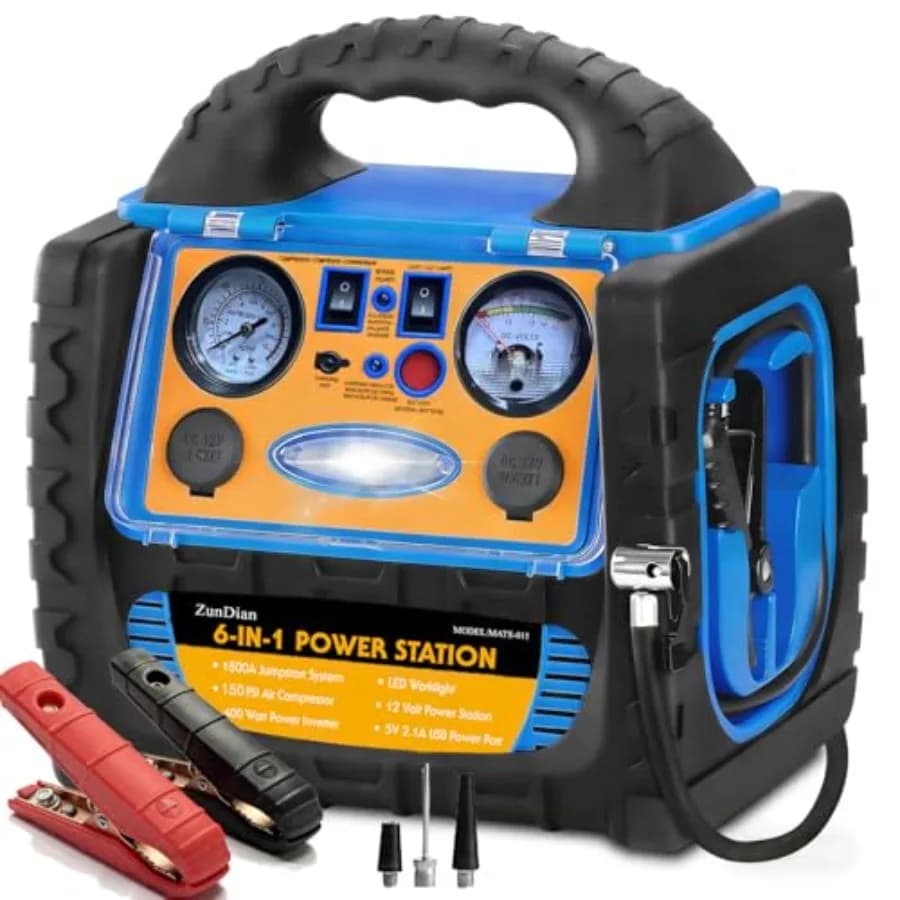Avviatore di Emergenza per Auto con Compressore d'Aria 1800A, Gonfiatore Pneumatici 150 PSI, Starter 12V con Inverter 400W