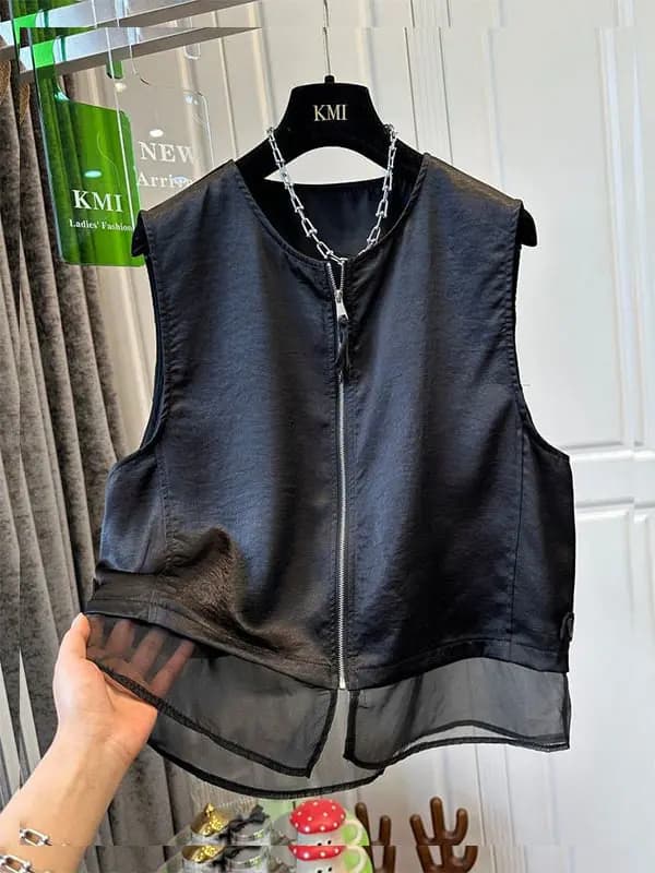 Large Size 300 Pounds Mesh Splice Tank Top Women Summer Loose Casual Layering Shoulder Pad Tank Jacket Outerwear