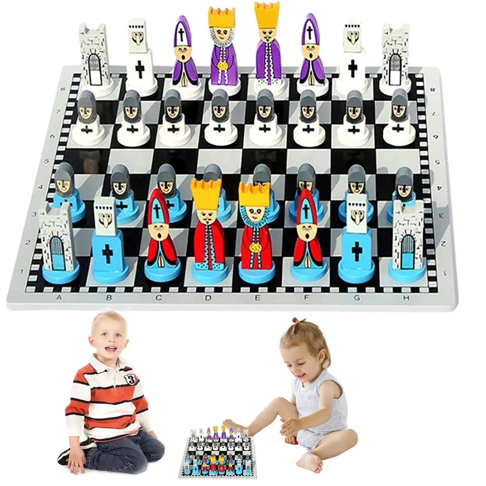 Set di scacchi in legno portatile con pezzi di cartoni animati, gioco da tavolo adatto ai viaggi Giocattolo educativo divertente per viaggi di famiglia e giochi a casa