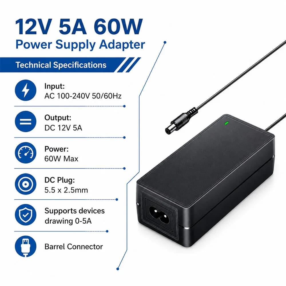 12V 5A 60W AC DC Power Supply Adapter 100-240V to 12V Converter 5.5x2.5mm for LED Strip CCTV Camera