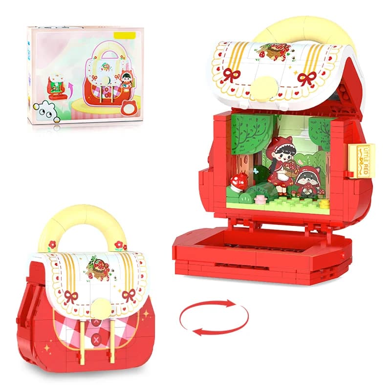 Set di blocchi di costruzione per borsa del Cappuccetto Rosso, giocattoli da esposizione per collezione di borse di caramelle carine, idea regalo di compleanno per ragazze 6+